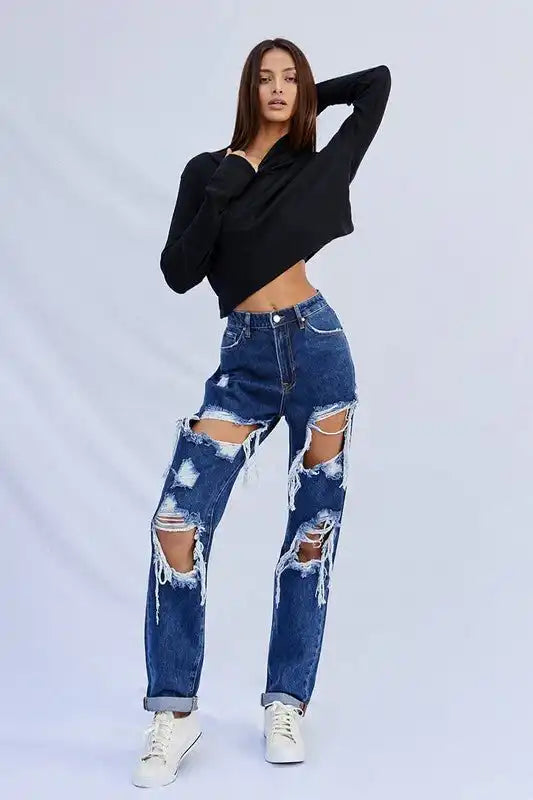 INSANE GENE HIGH WAISTED BAGGY DESTROYED DARK WASH JEANS - Sleekdenim.com