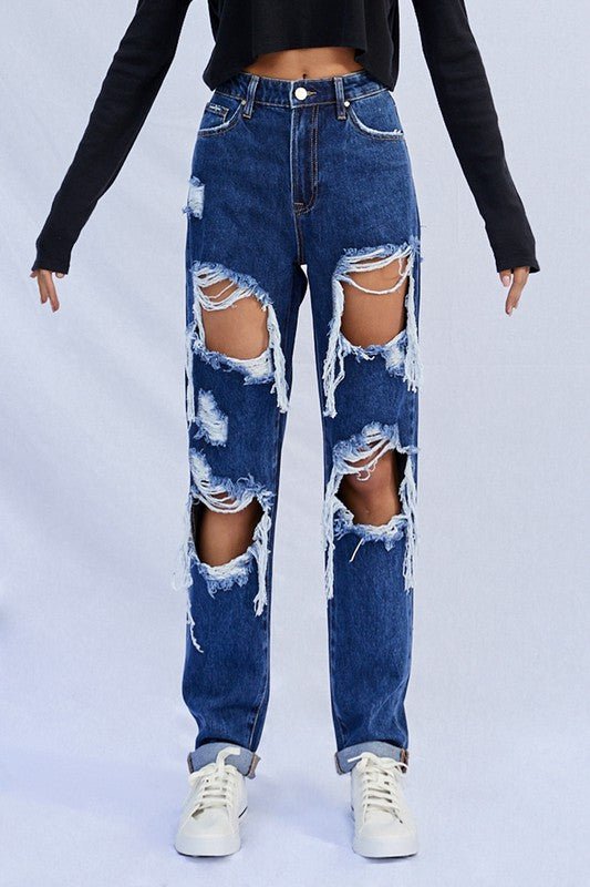 INSANE GENE HIGH WAISTED BAGGY DESTROYED DARK WASH JEANS - Sleekdenim.com