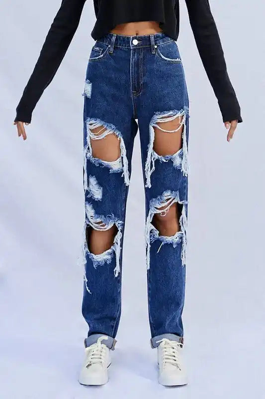 INSANE GENE HIGH WAISTED BAGGY DESTROYED DARK WASH JEANS - Sleekdenim.com