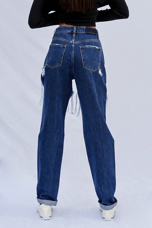 INSANE GENE HIGH WAISTED BAGGY DESTROYED DARK WASH JEANS - Sleekdenim.com