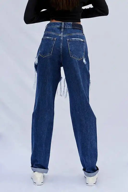 INSANE GENE HIGH WAISTED BAGGY DESTROYED DARK WASH JEANS - Sleekdenim.com