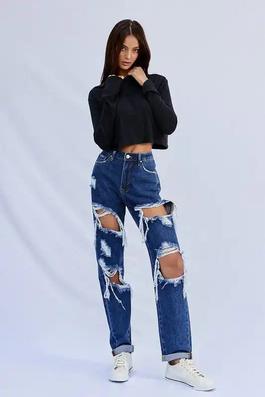 INSANE GENE HIGH WAISTED BAGGY DESTROYED DARK WASH JEANS - Sleekdenim.com