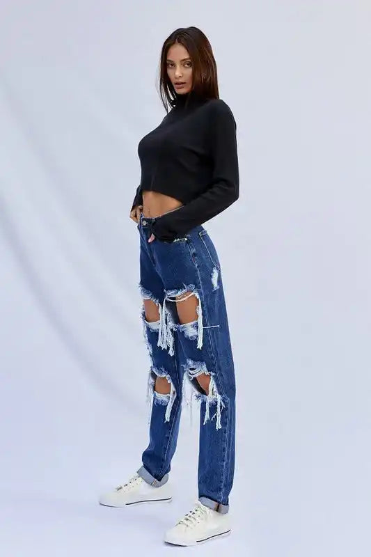 INSANE GENE HIGH WAISTED BAGGY DESTROYED DARK WASH JEANS - Sleekdenim.com