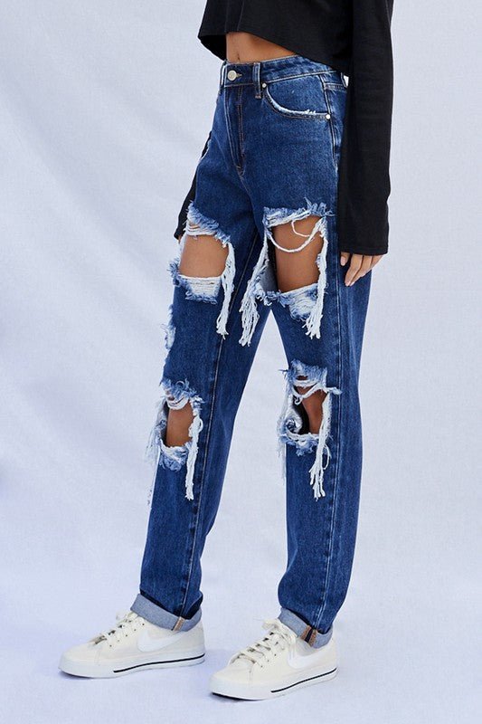 INSANE GENE HIGH WAISTED BAGGY DESTROYED DARK WASH JEANS - Sleekdenim.com