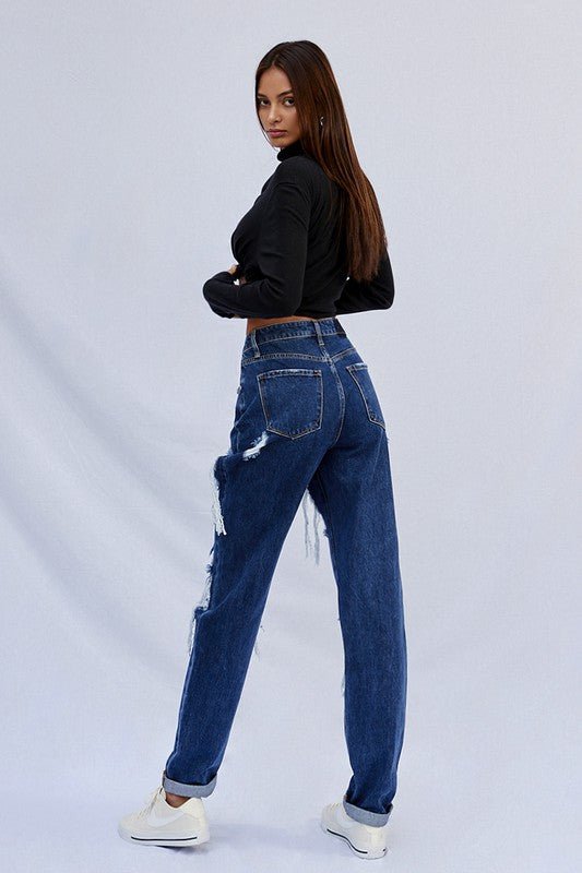INSANE GENE HIGH WAISTED BAGGY DESTROYED DARK WASH JEANS - Sleekdenim.com