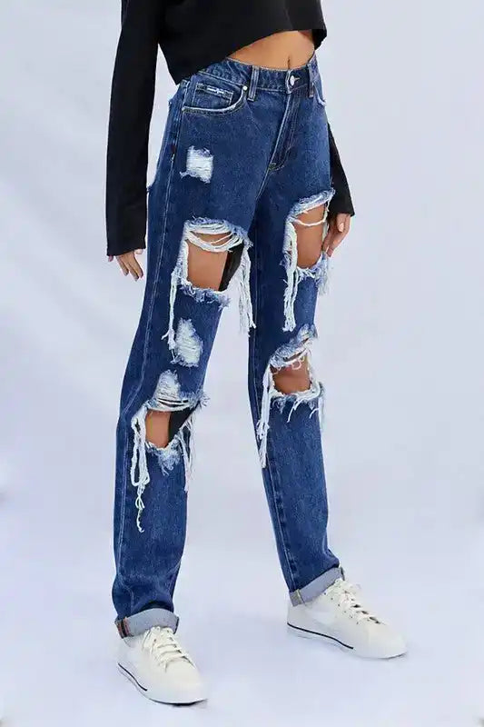 INSANE GENE HIGH WAISTED BAGGY DESTROYED DARK WASH JEANS - Sleekdenim.com