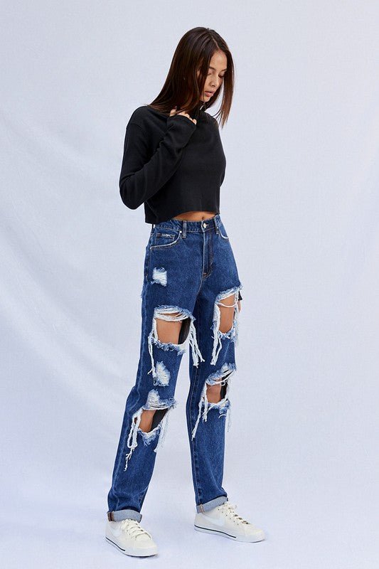 INSANE GENE HIGH WAISTED BAGGY DESTROYED DARK WASH JEANS - Sleekdenim.com