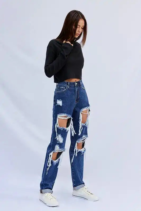 INSANE GENE HIGH WAISTED BAGGY DESTROYED DARK WASH JEANS - Sleekdenim.com