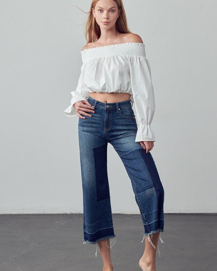 INSANE GENE MID - RISE CROPPED FRAYED HEM FLARE JEANS - Sleekdenim.com