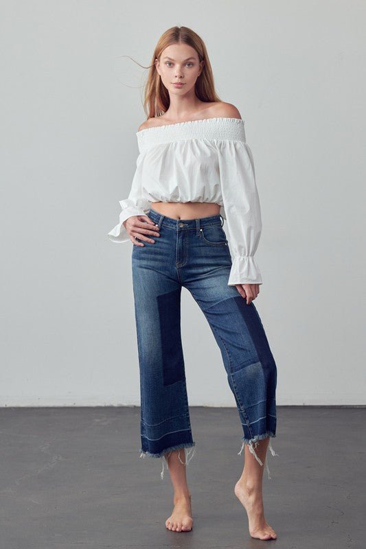 INSANE GENE MID - RISE CROPPED FRAYED HEM FLARE JEANS - Sleekdenim.com