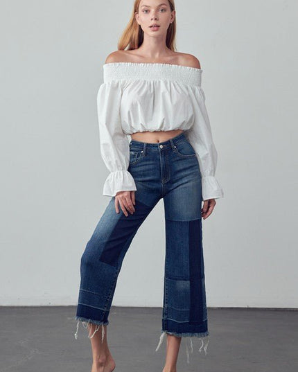 INSANE GENE MID - RISE CROPPED FRAYED HEM FLARE JEANS - Sleekdenim.com