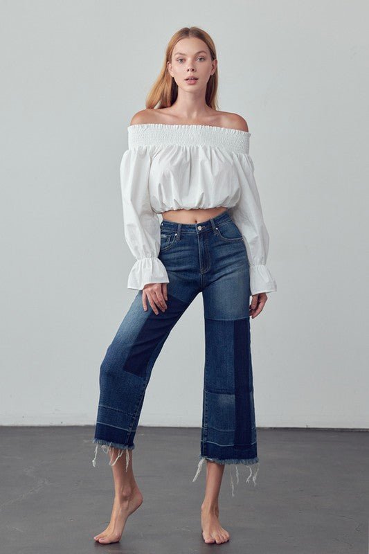 INSANE GENE MID - RISE CROPPED FRAYED HEM FLARE JEANS - Sleekdenim.com