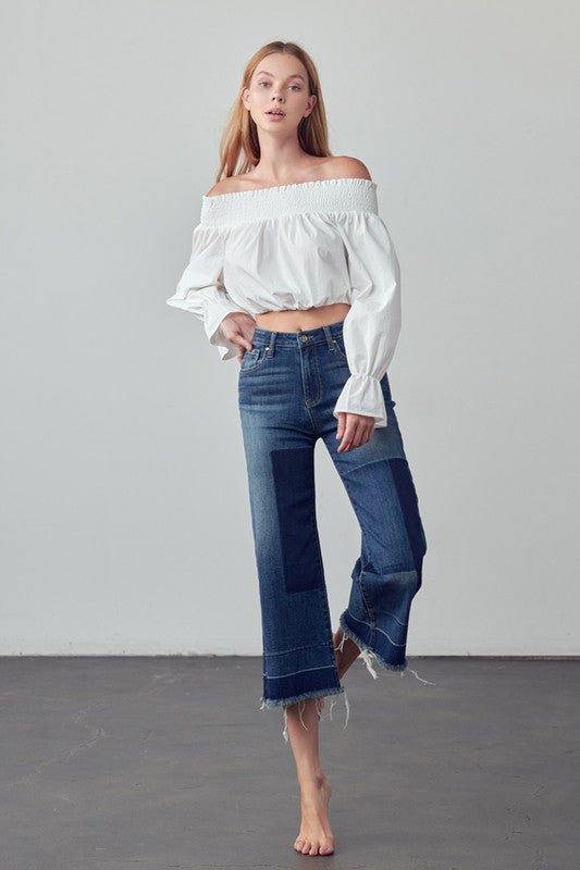 INSANE GENE MID - RISE CROPPED FRAYED HEM FLARE JEANS - Sleekdenim.com