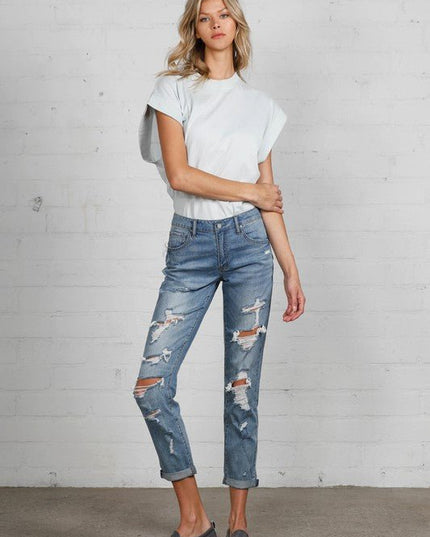 INSANE GENE MID RISE HEAVY DESTROYED CROPPED JEANS - Sleekdenim.com