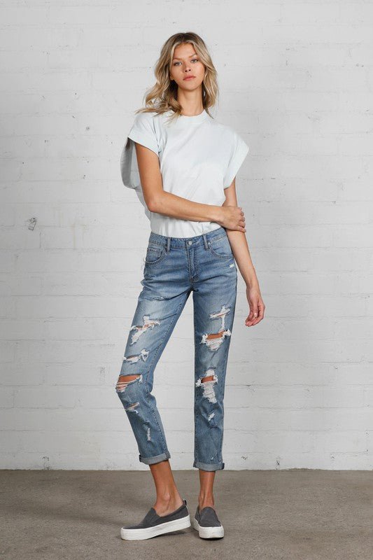 INSANE GENE MID RISE HEAVY DESTROYED CROPPED JEANS - Sleekdenim.com
