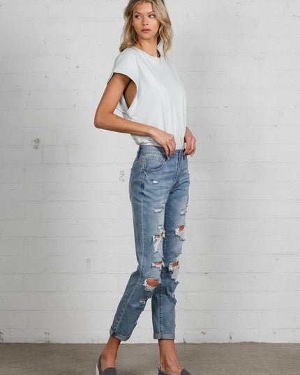 INSANE GENE MID RISE HEAVY DESTROYED CROPPED JEANS - Sleekdenim.com