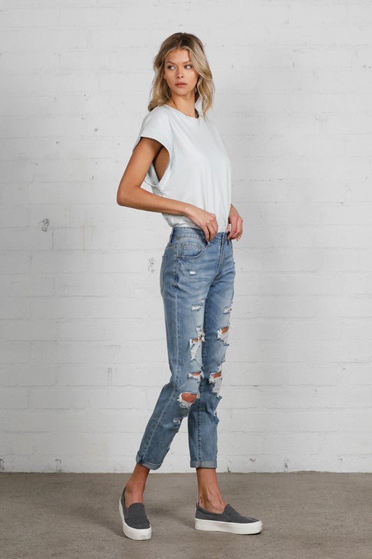 INSANE GENE MID RISE HEAVY DESTROYED CROPPED JEANS - Sleekdenim.com