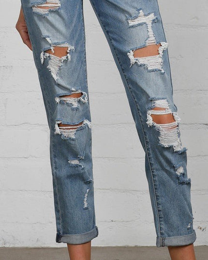 INSANE GENE MID RISE HEAVY DESTROYED CROPPED JEANS - Sleekdenim.com