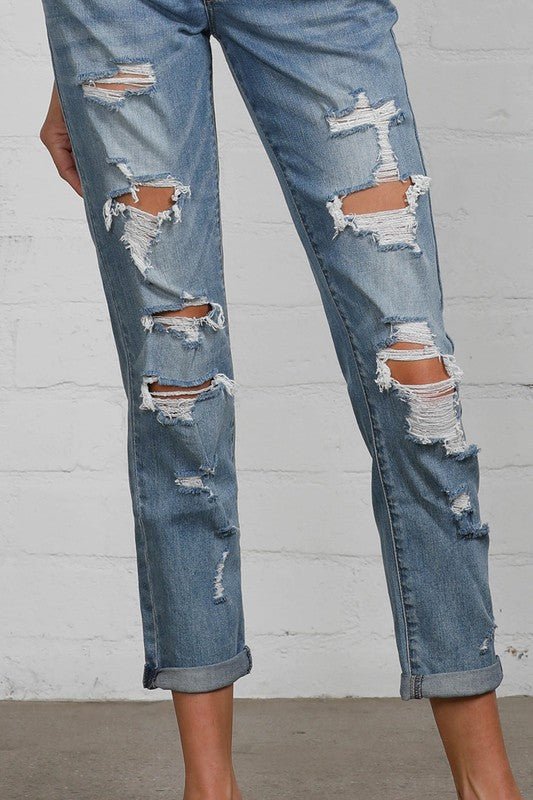 INSANE GENE MID RISE HEAVY DESTROYED CROPPED JEANS - Sleekdenim.com