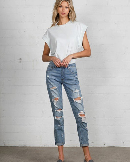 INSANE GENE MID RISE HEAVY DESTROYED CROPPED JEANS - Sleekdenim.com