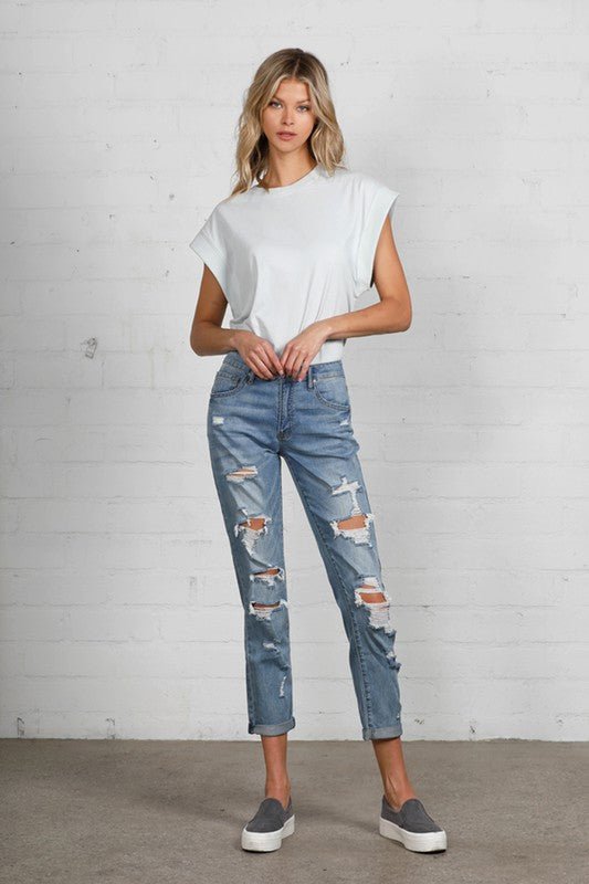 INSANE GENE MID RISE HEAVY DESTROYED CROPPED JEANS - Sleekdenim.com