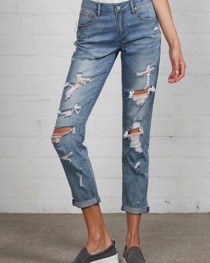 INSANE GENE MID RISE HEAVY DESTROYED CROPPED JEANS - Sleekdenim.com