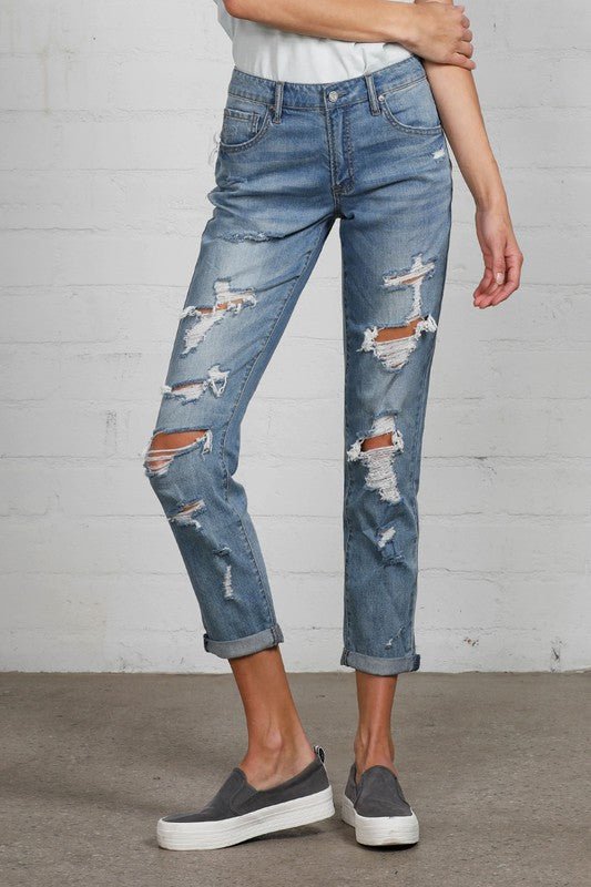 INSANE GENE MID RISE HEAVY DESTROYED CROPPED JEANS - Sleekdenim.com