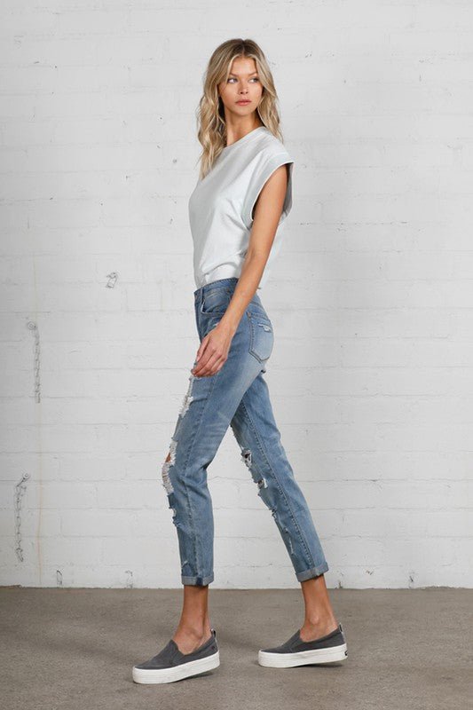 INSANE GENE MID RISE HEAVY DESTROYED CROPPED JEANS - Sleekdenim.com