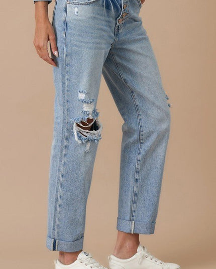 INSANE GENE MID RISE ROLLED UP BOYFRIEND JEANS - Sleekdenim.com