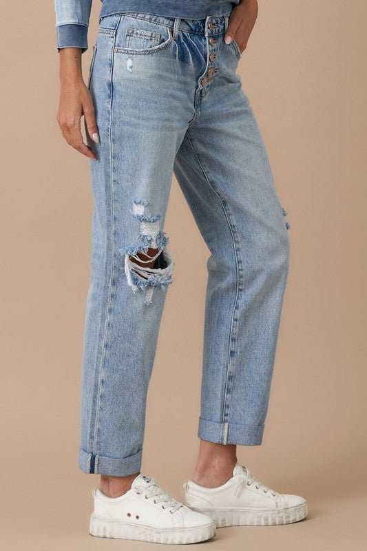 INSANE GENE MID RISE ROLLED UP BOYFRIEND JEANS - Sleekdenim.com