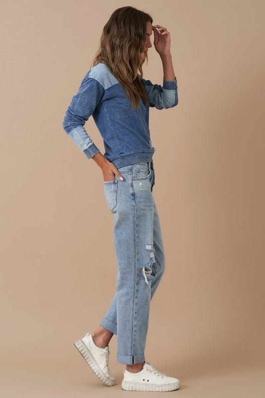 INSANE GENE MID RISE ROLLED UP BOYFRIEND JEANS - Sleekdenim.com