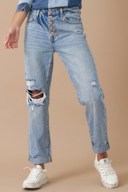 INSANE GENE MID RISE ROLLED UP BOYFRIEND JEANS - Sleekdenim.com