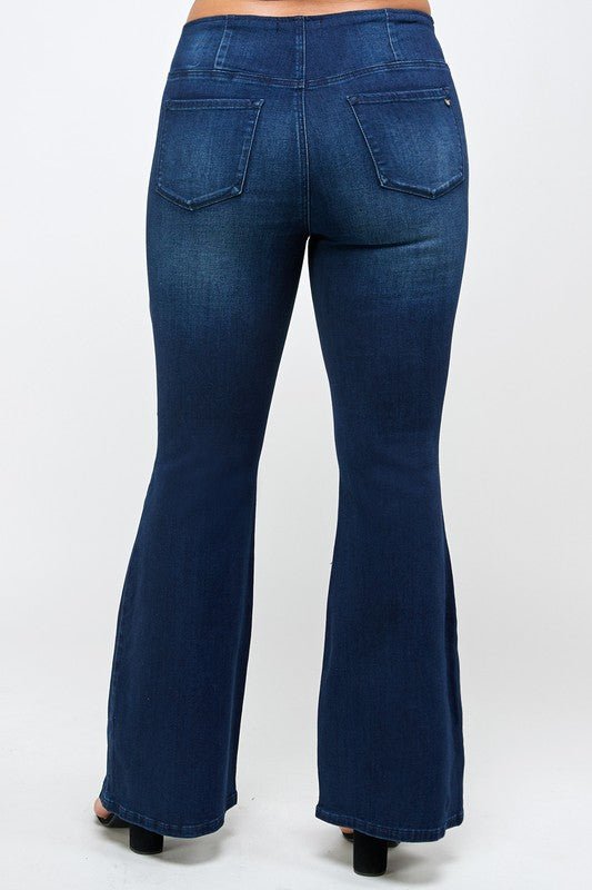 INSANE GENE PLUS SIZE MID - RISE BANDED WIDER LEG DARK WASH FLARE JEANS - Sleekdenim.com