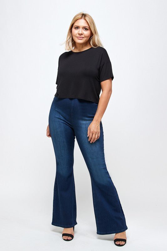 INSANE GENE PLUS SIZE MID - RISE BANDED WIDER LEG DARK WASH FLARE JEANS - Sleekdenim.com