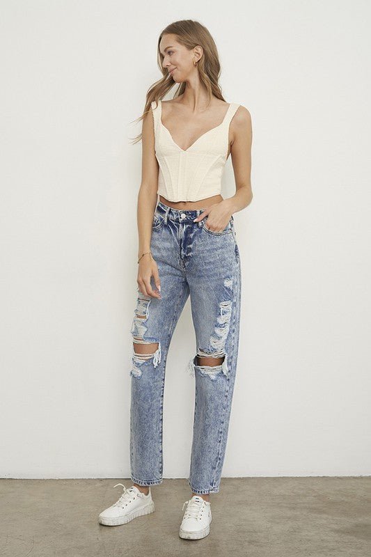 Insane Gene Stonewashed High Waist Ripped Boyfriend Jeans - Sleekdenim.com