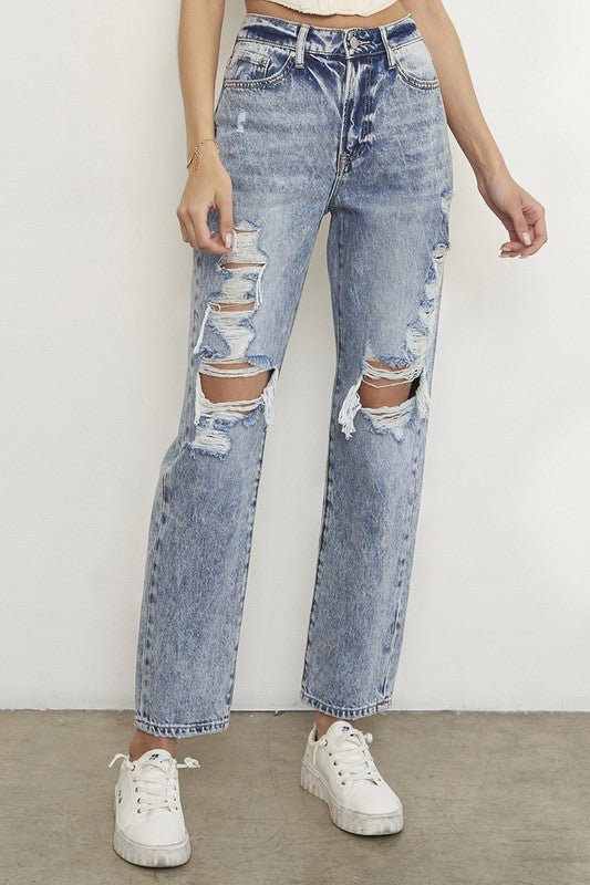 Insane Gene Stonewashed High Waist Ripped Boyfriend Jeans - Sleekdenim.com