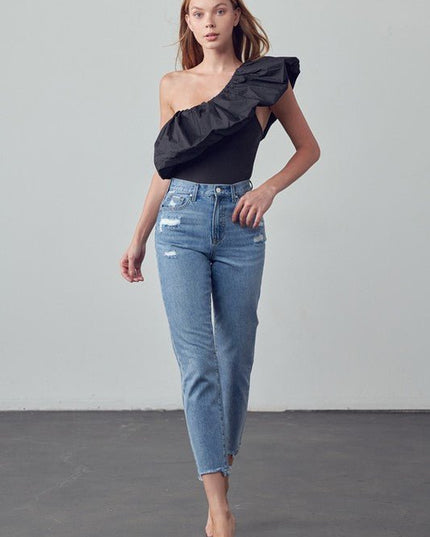 INSANE GENE TAPERED HEM CROPPED HIGH RISE GIRLFRIEND JEANS - Sleekdenim.com