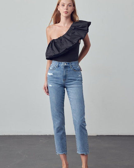 INSANE GENE TAPERED HEM CROPPED HIGH RISE GIRLFRIEND JEANS - Sleekdenim.com