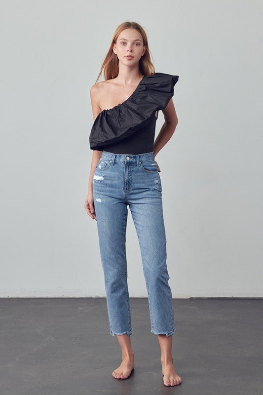 INSANE GENE TAPERED HEM CROPPED HIGH RISE GIRLFRIEND JEANS - Sleekdenim.com