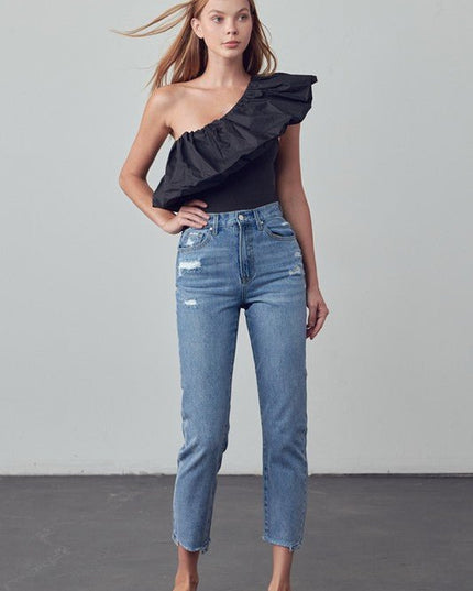 INSANE GENE TAPERED HEM CROPPED HIGH RISE GIRLFRIEND JEANS - Sleekdenim.com