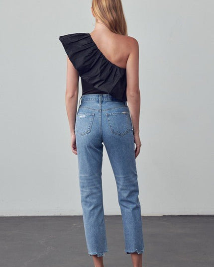 INSANE GENE TAPERED HEM CROPPED HIGH RISE GIRLFRIEND JEANS - Sleekdenim.com