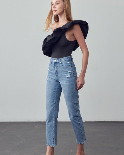 INSANE GENE TAPERED HEM CROPPED HIGH RISE GIRLFRIEND JEANS - Sleekdenim.com