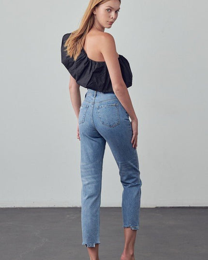 INSANE GENE TAPERED HEM CROPPED HIGH RISE GIRLFRIEND JEANS - Sleekdenim.com