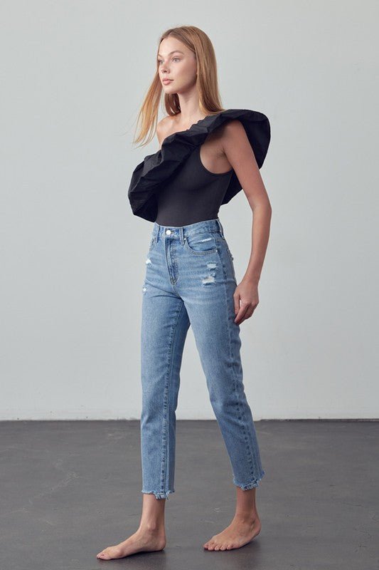 INSANE GENE TAPERED HEM CROPPED HIGH RISE GIRLFRIEND JEANS - Sleekdenim.com