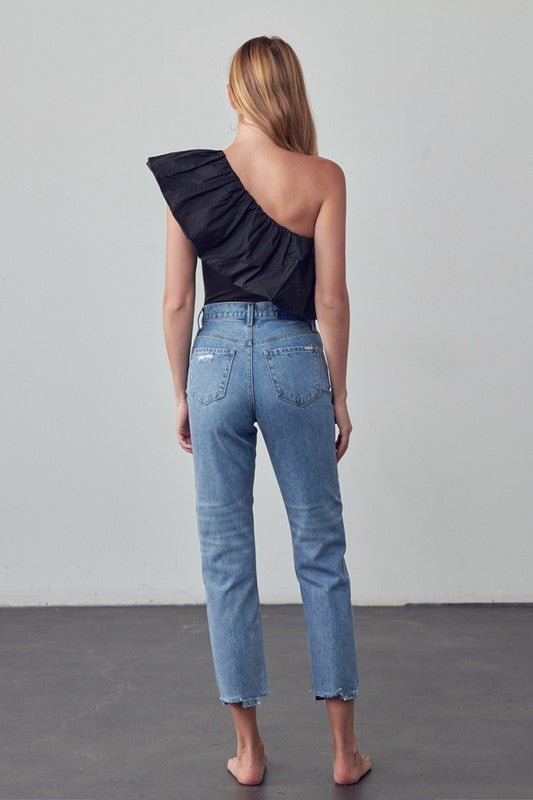 INSANE GENE TAPERED HEM CROPPED HIGH RISE GIRLFRIEND JEANS - Sleekdenim.com