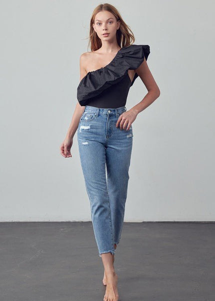 INSANE GENE TAPERED HEM CROPPED HIGH RISE GIRLFRIEND JEANS - Sleekdenim.com