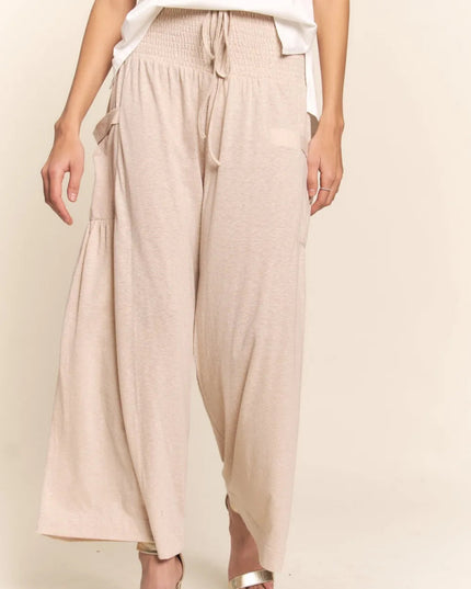 J.NNA Smocked Waist Boho Wide Leg Pants with Pockets - Sleekdenim.com