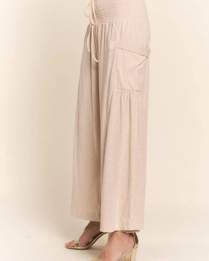 J.NNA Smocked Waist Boho Wide Leg Pants with Pockets - Sleekdenim.com