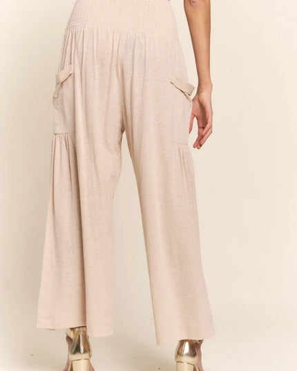 J.NNA Smocked Waist Boho Wide Leg Pants with Pockets - Sleekdenim.com