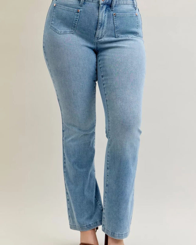Judy Blue Full Size Mid Rise Bootcut Jeans with Contrast Wash & Front Patch Pockets Plus Size - Sleekdenim.com